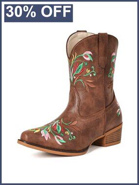 Western Flower Embroidered Ankle Cowboy Boots Faux Leather